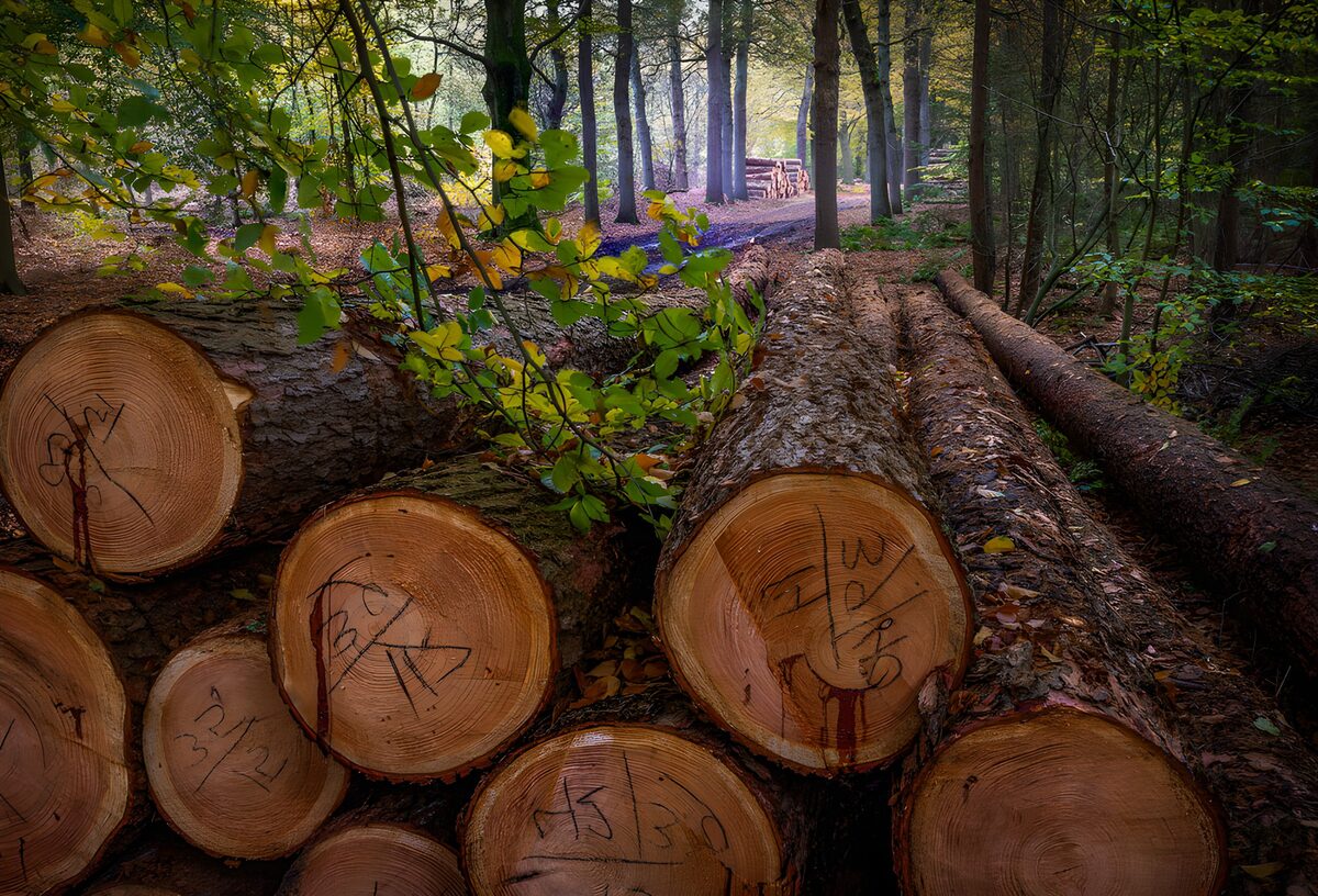 Gefällte Bäume im herbstlichen Wald