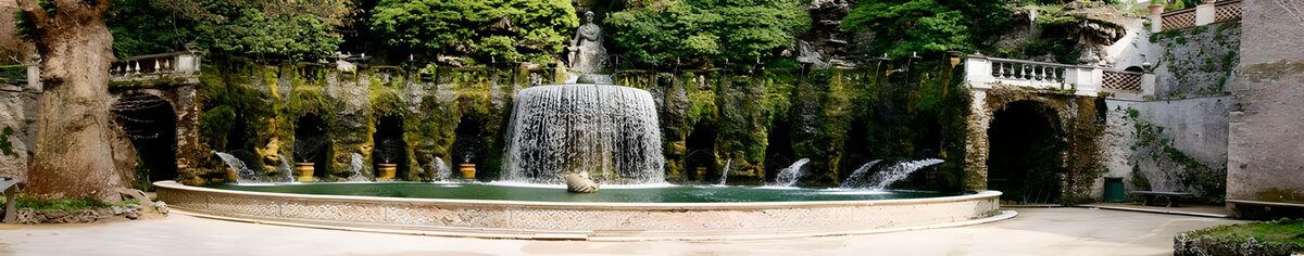 TPDE19227: Laubengang an einem Teich entlang, ein Wasserfall, dessen das Wasser in den Teich stürzt