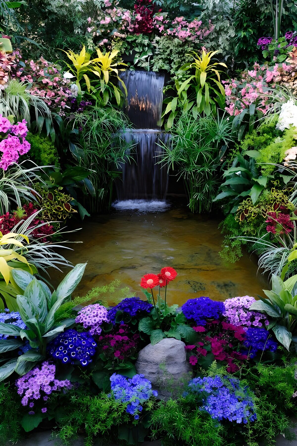 Wasserfälle  mit tropischer Vegetation und blauen, hellblauen und rosaroten  Blümchen