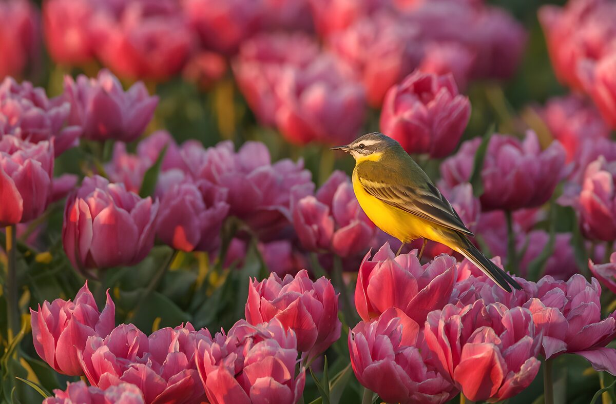 TPDE24976: Ein städtischer Vogel zwischen Tulpen