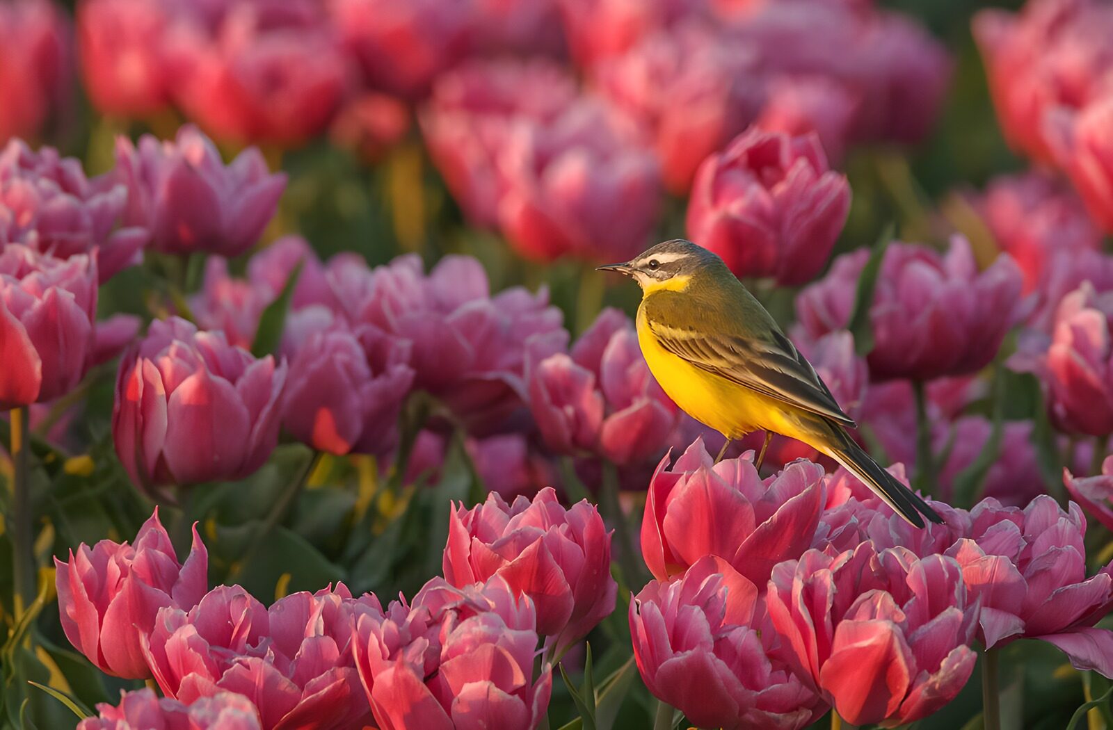 TPDE24976: Ein städtischer Vogel zwischen Tulpen