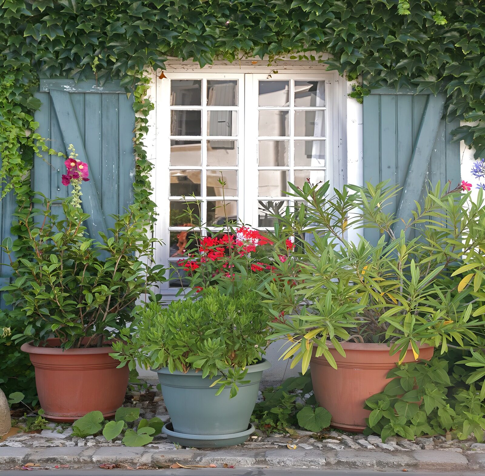 TPDE55823: Blaue Fensterläden neben einem Fenster mit Efeu und große Pflanzgefäße