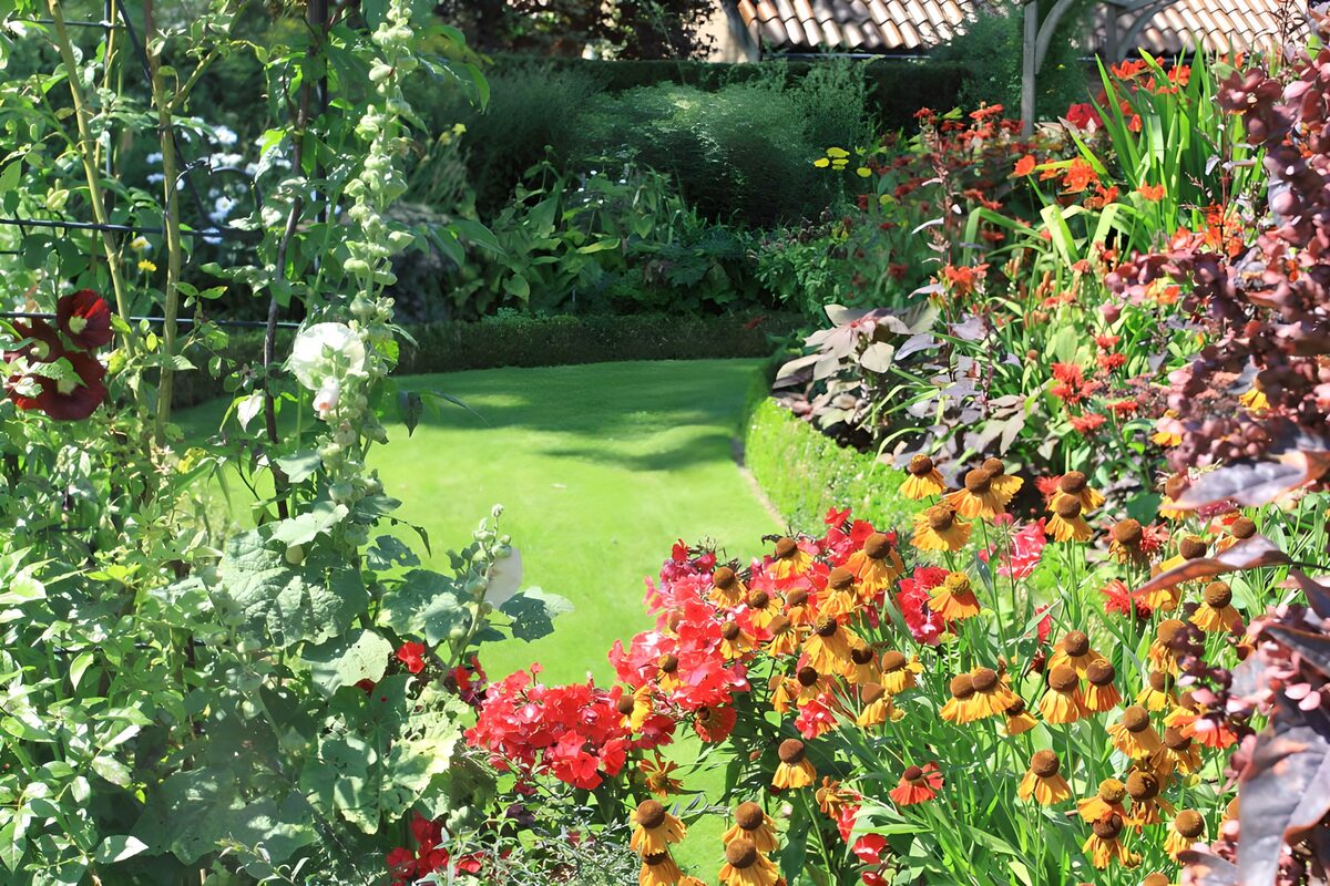 TPDE31778: Garten mit Blumen, geschnittenen Hecken und gemähtem Rasen