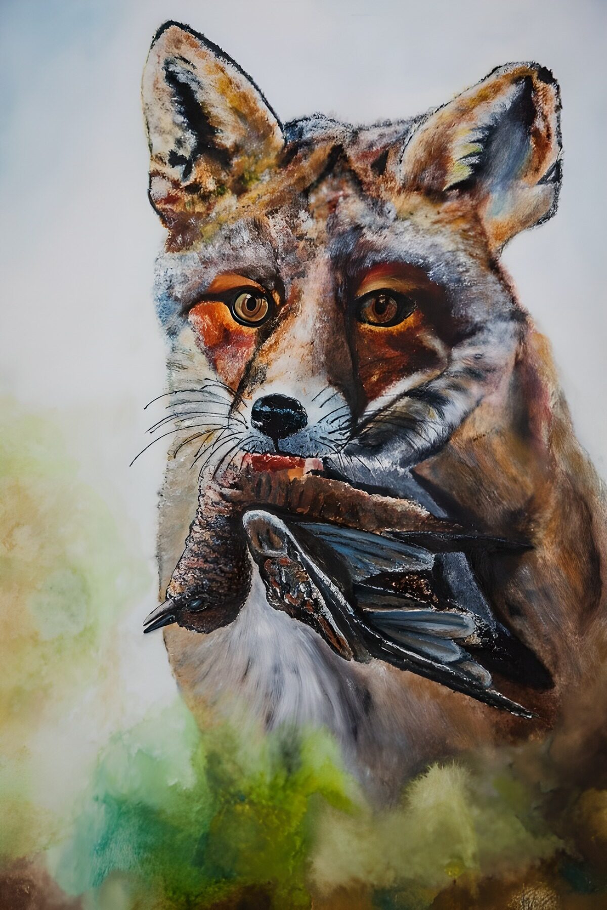 Fuchs mit Beute im Vordergrund