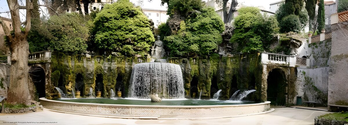 TPDE32300: künstlicher Wasserfall mit Laubengang in einem Park