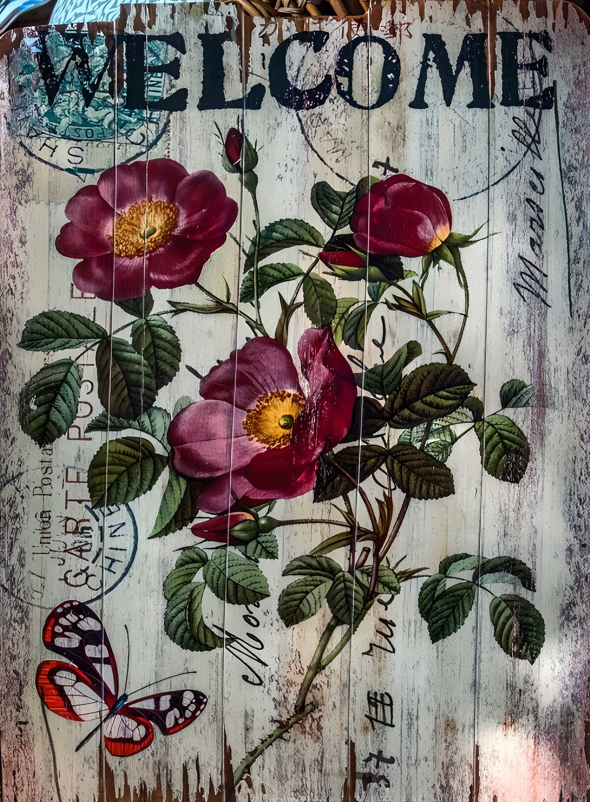 TPDE90186: Willkommensschild mit Blumen und Schmetterling