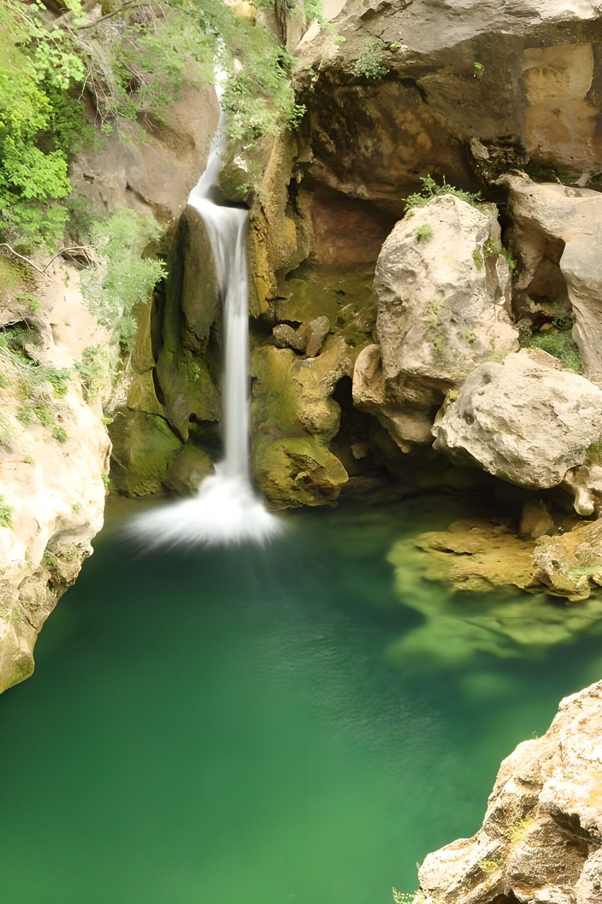 TPDE88631: der Wasserfall stürzt mit großer Kraft in grün schillerndes Wasser