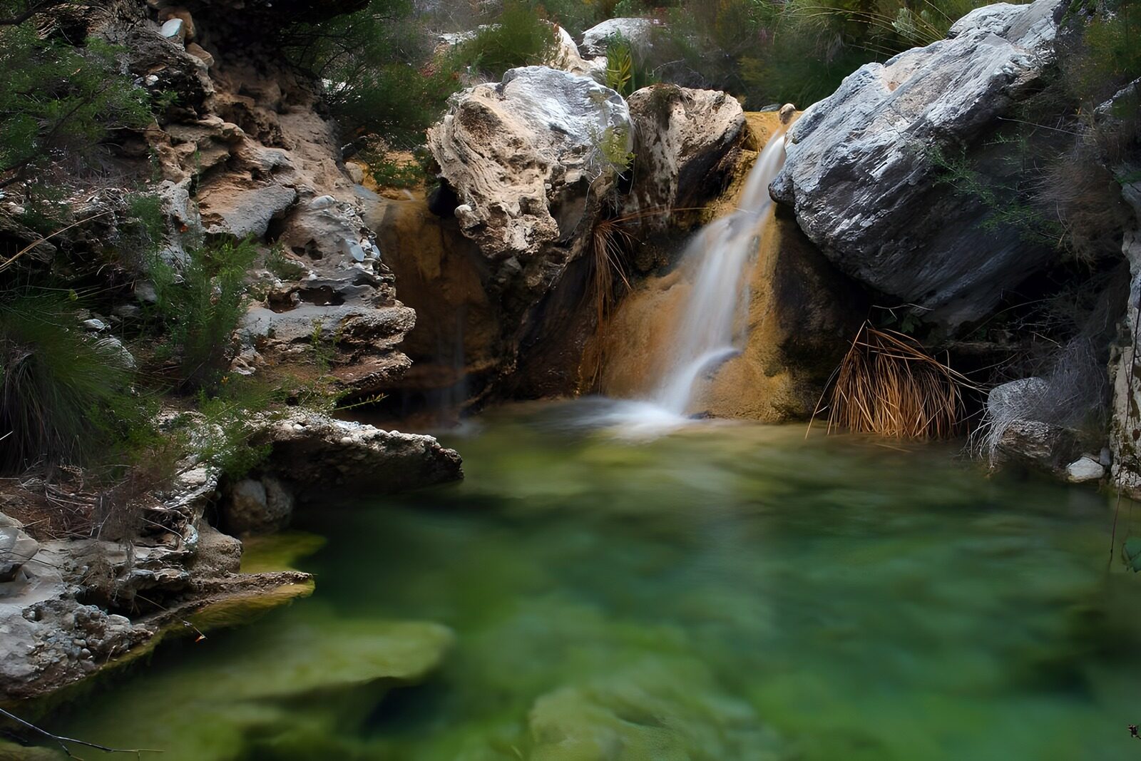 TPDE84508: die grüne Natur widerspiegelt im Wasser des Wasserfalls