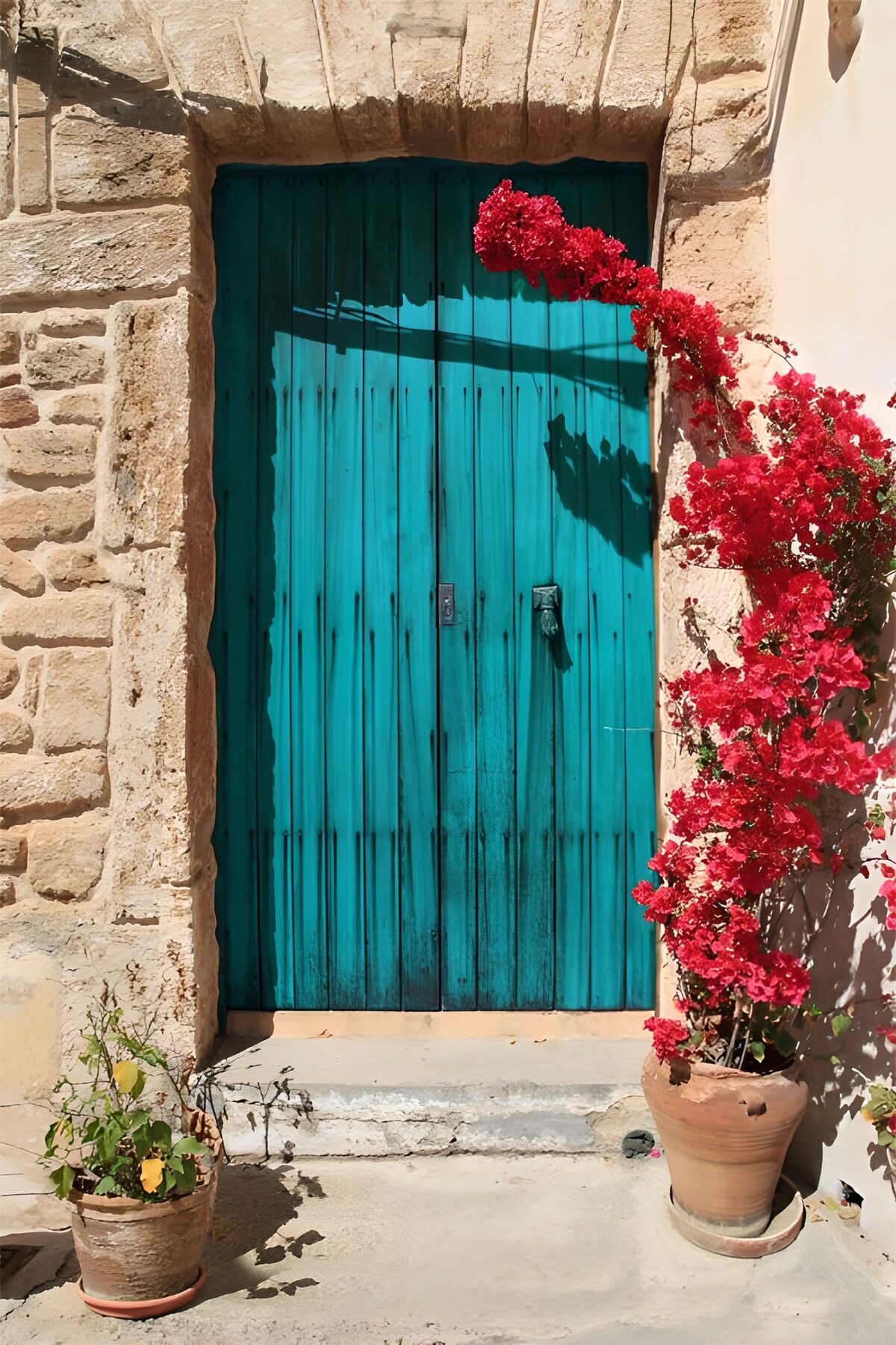 TPDE61459: Bougainvillea neben einer blauen Tür