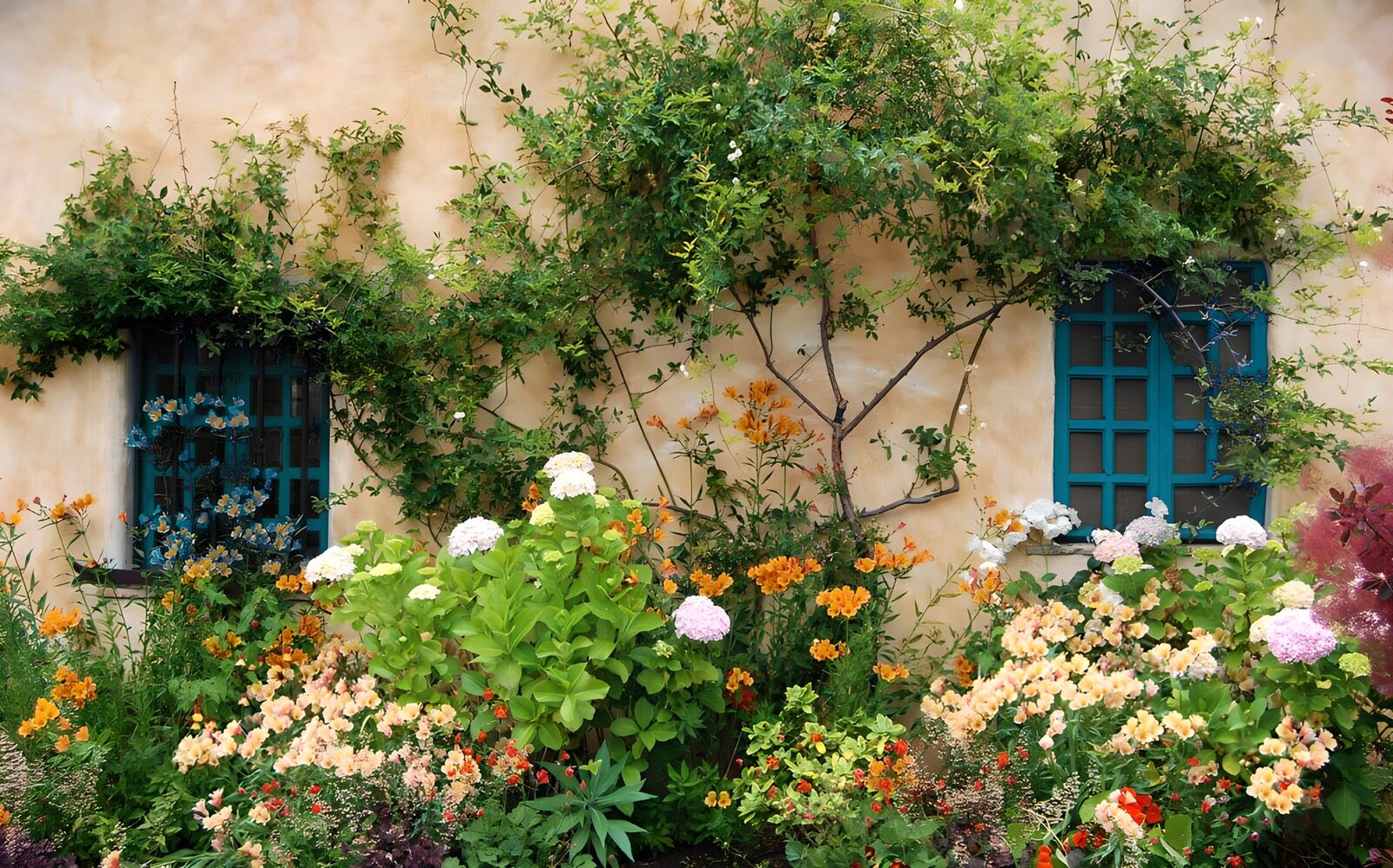 TPDE32135: Wand mit Blumen und blauen Fenstern