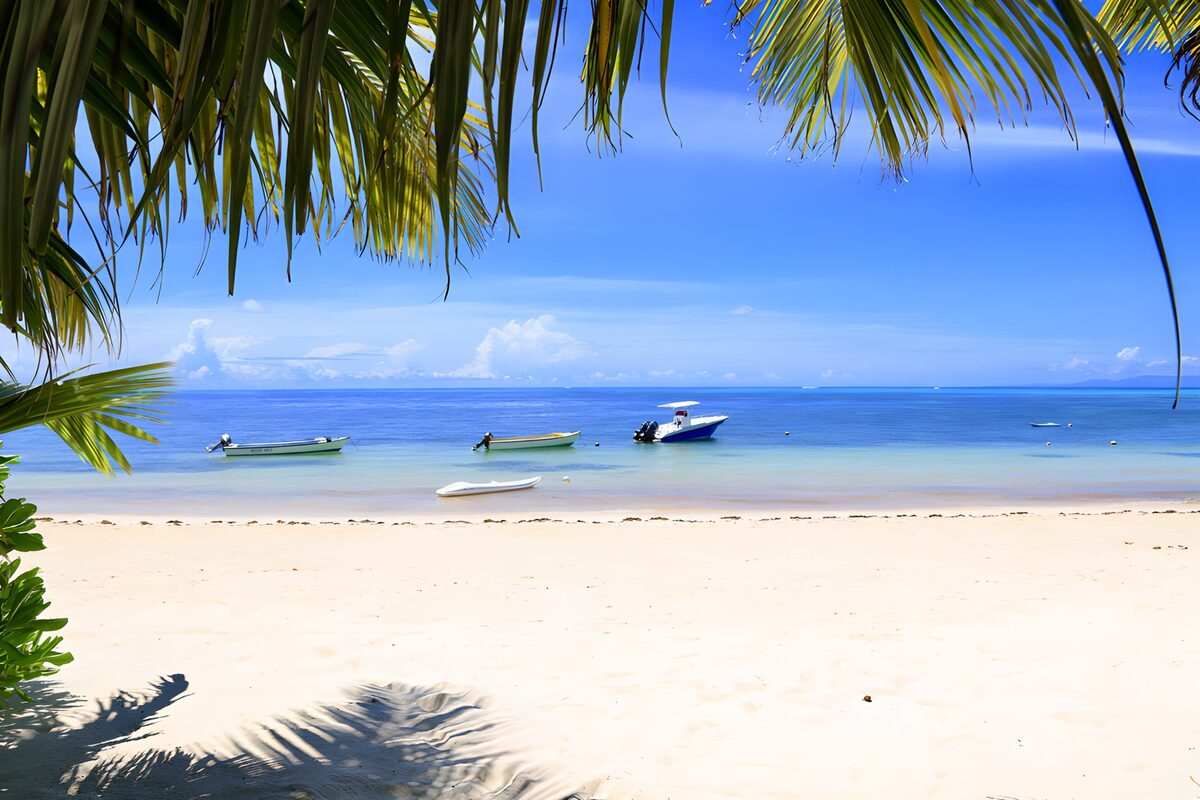 TPDE15530: Tropischer Strand mit Booten im Wasser