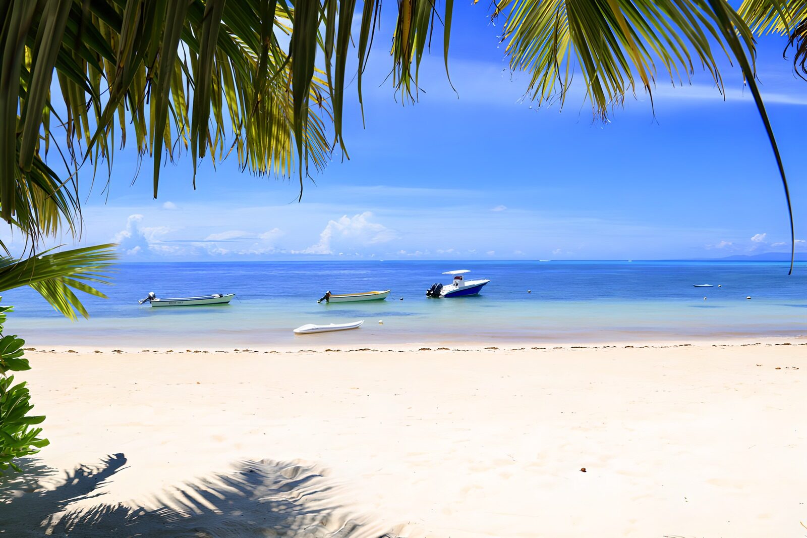 TPDE15530: Tropischer Strand mit Booten im Wasser