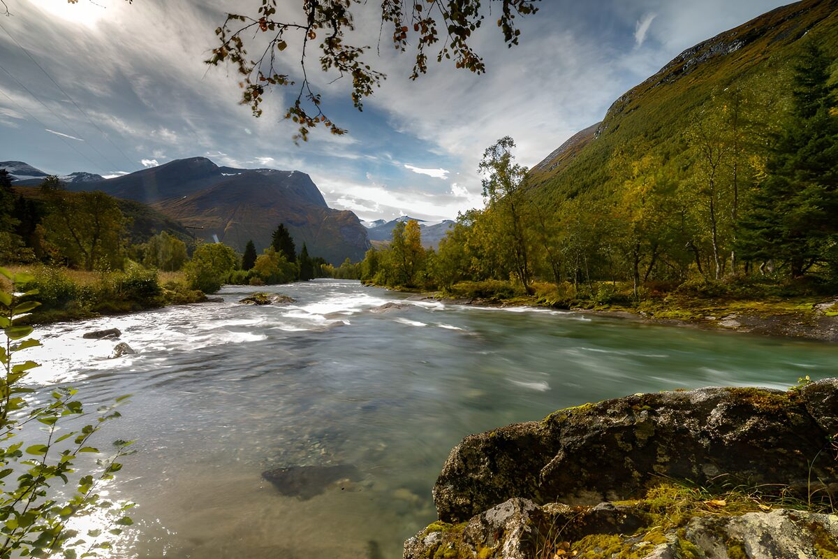 Ruhiger Fluss in der Herbstlandschaft