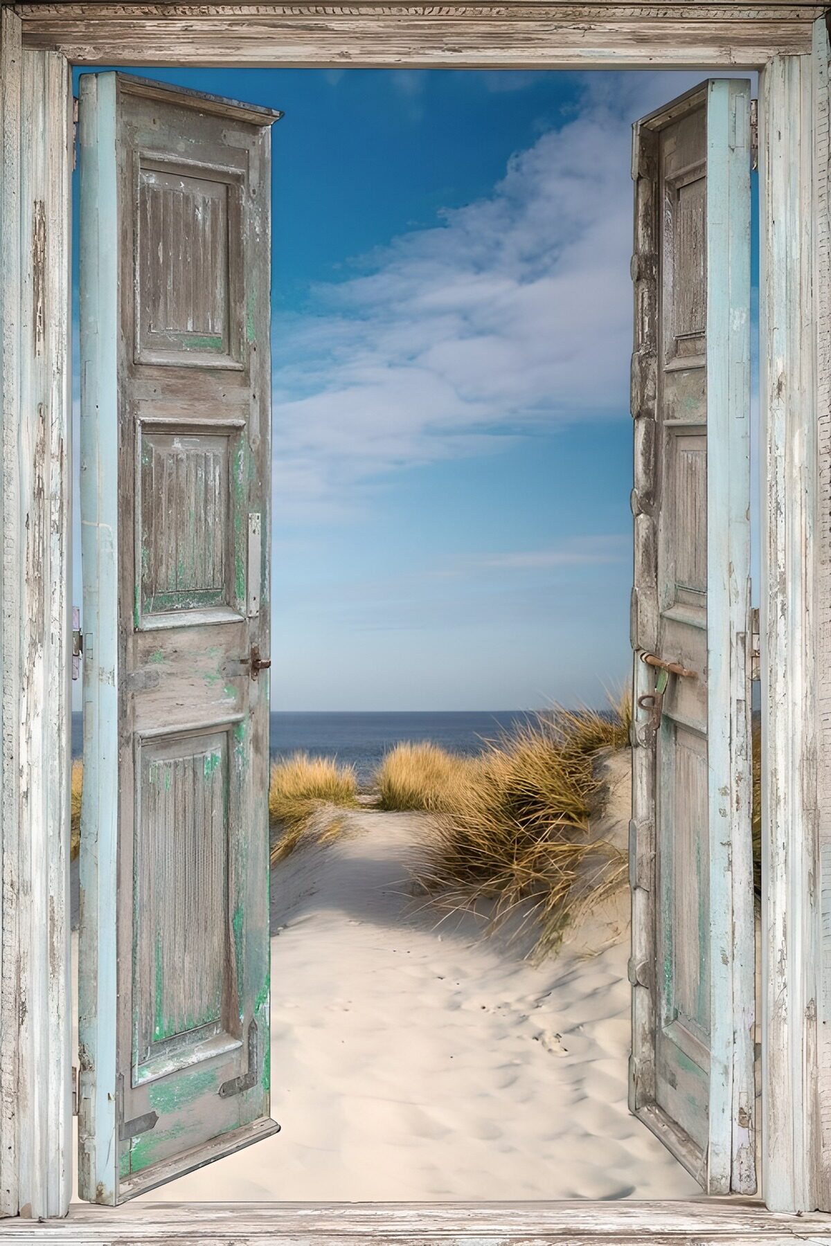 TPDE33487: Alte blaue Tür mit Blick auf die Dünen - Strand