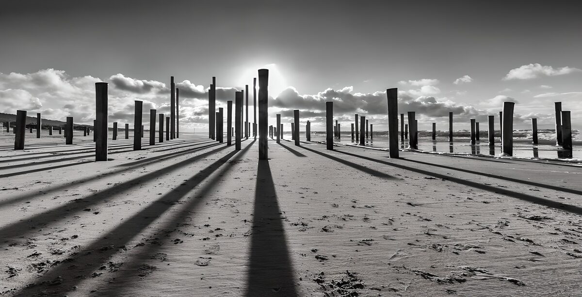 TPDE44827: Schatten der Pfosten am Strand