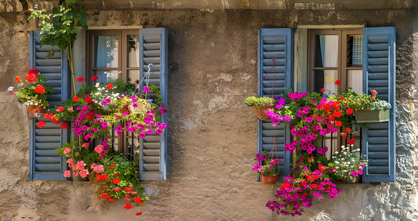 TPDE10010: Blühende Fenster mit bunten Blumen