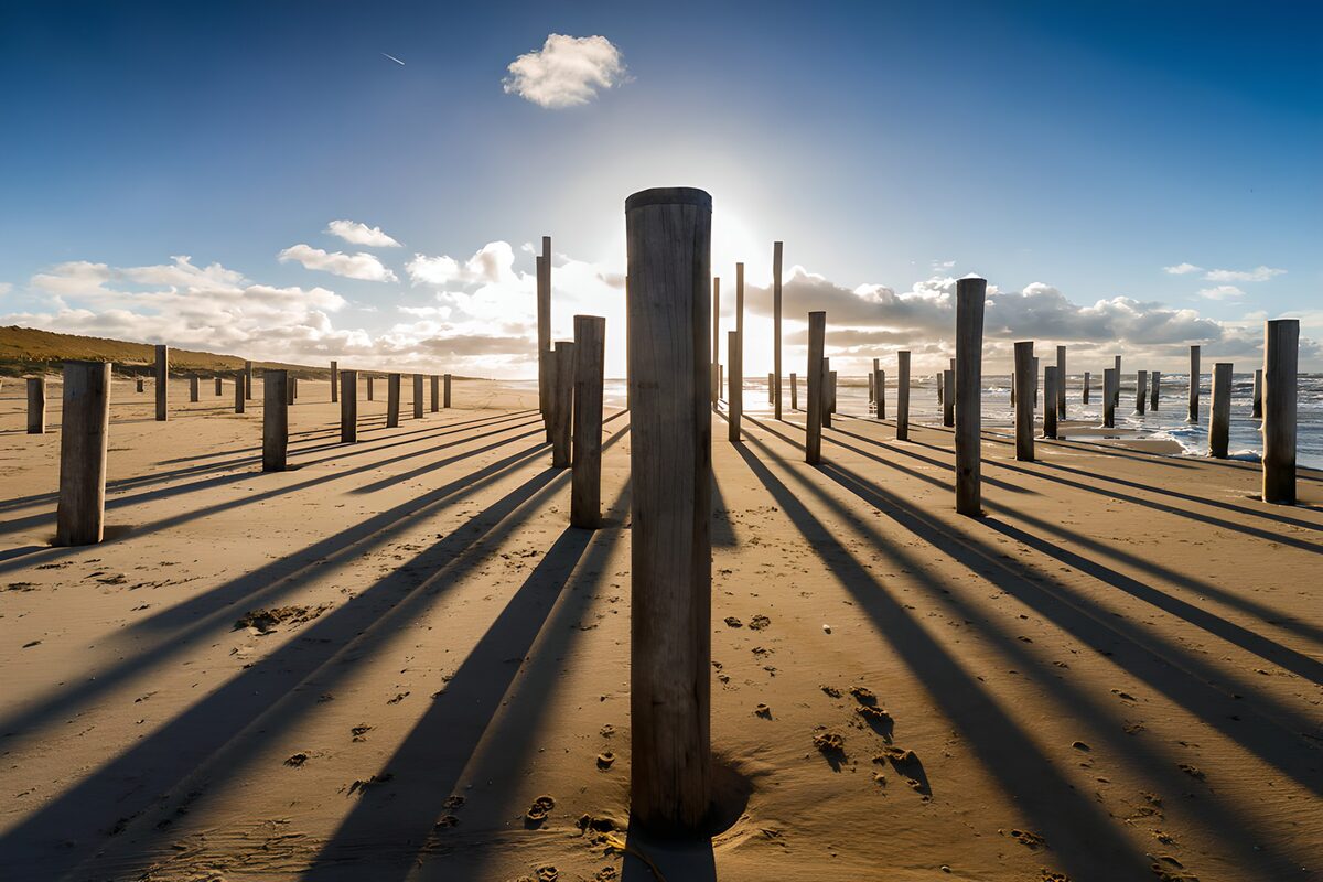 TPDE46487: Schatten der Pfähle am Strand