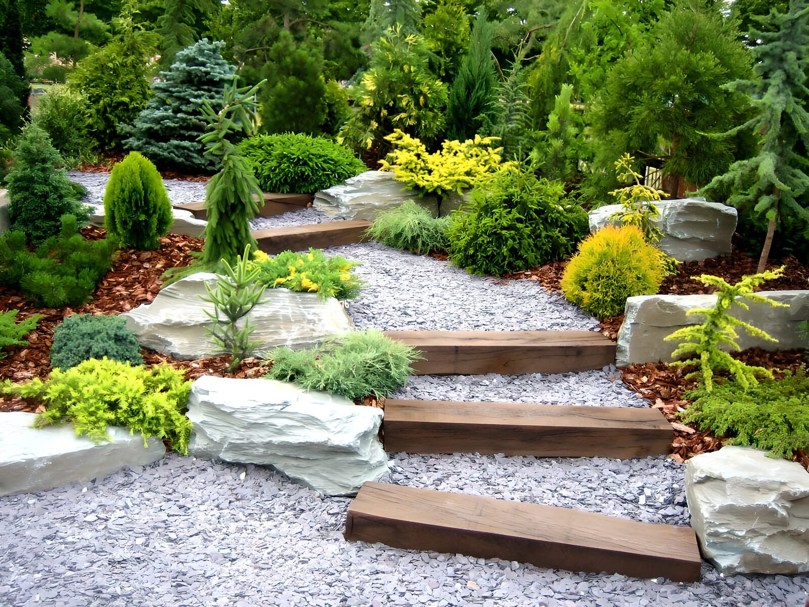 TPDE62773: Garten mit Treppe und unterschiedlichen Koniferen