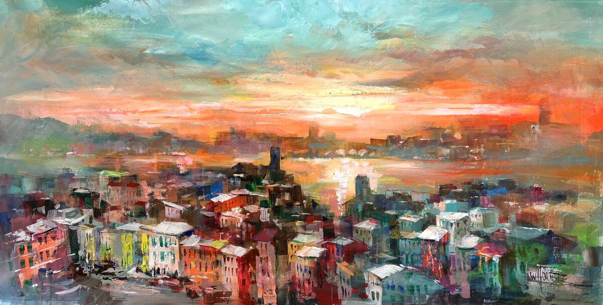 bunte stadt am meer bei sonnenuntergang