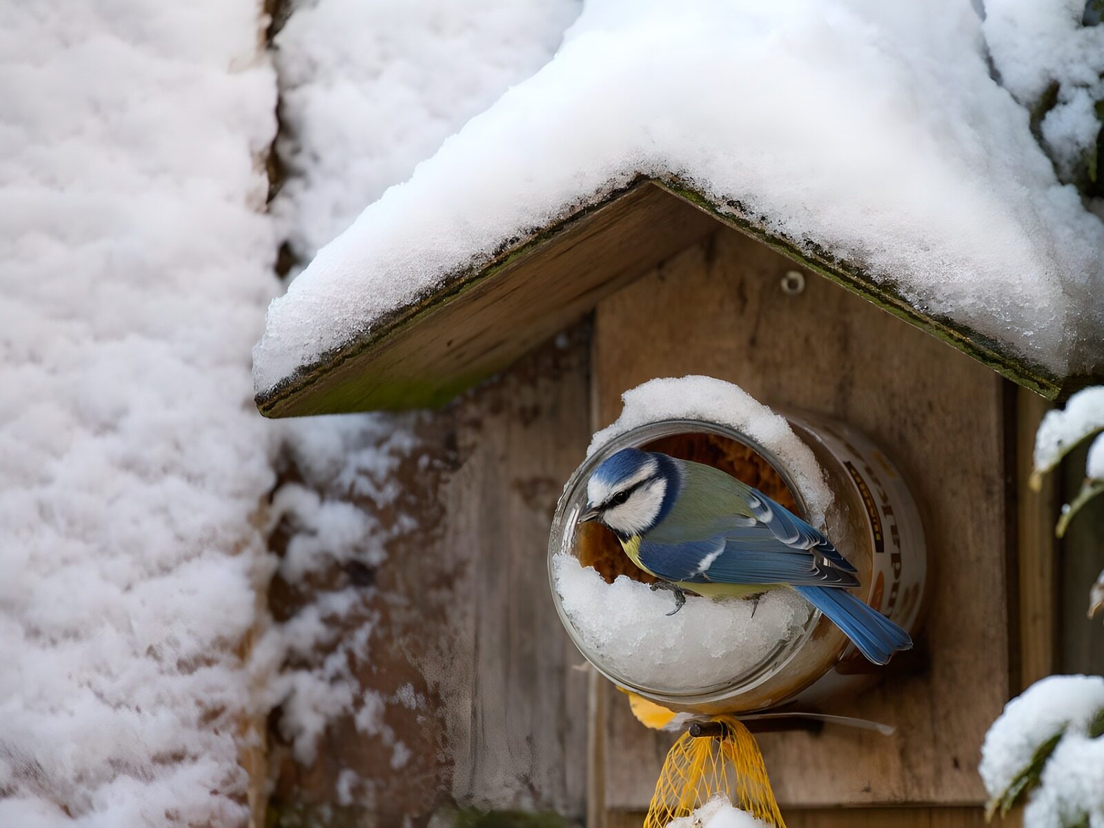 TPDE83371: Blauling am Futterhaus im Schnee