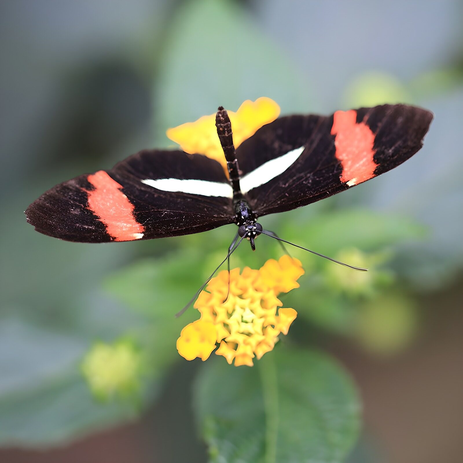 TPDE68974: die farbenprächtigen Flügel in schwarz, rosa und weiß auf gelben Blüten