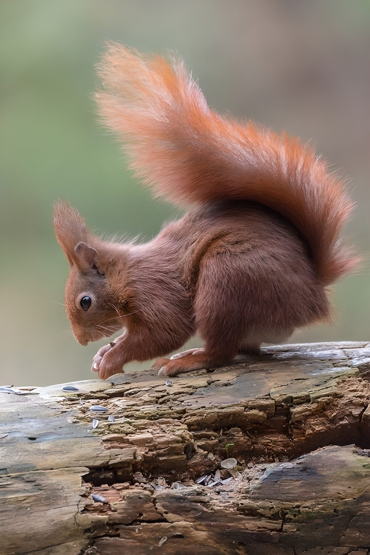 ein rötliches Eichhörnchen knabbert eine Nuß auf einem Baumstamm