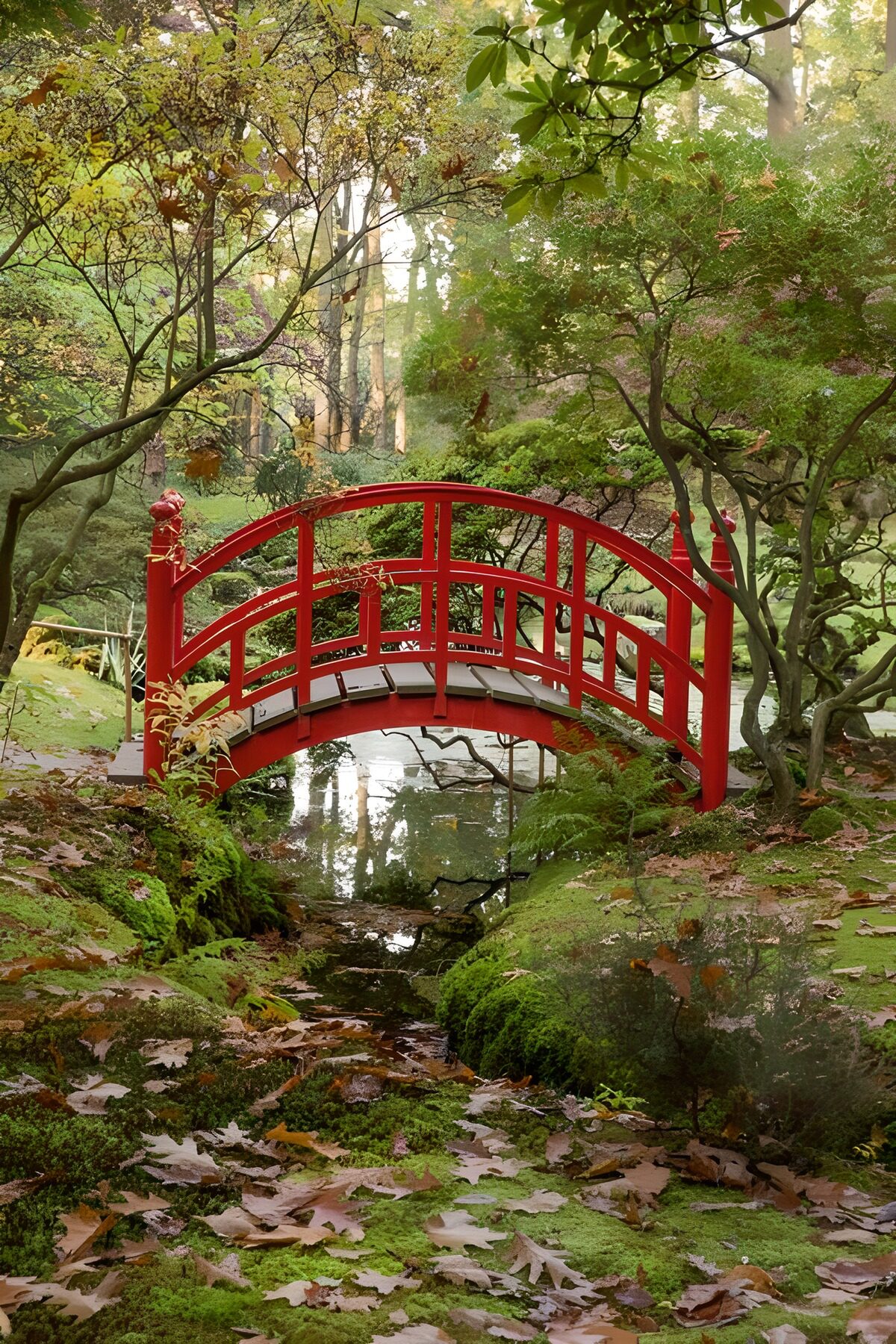 TPDE64449: stilvolle Brücke mit rotem Geländer in einem japanischen Garten