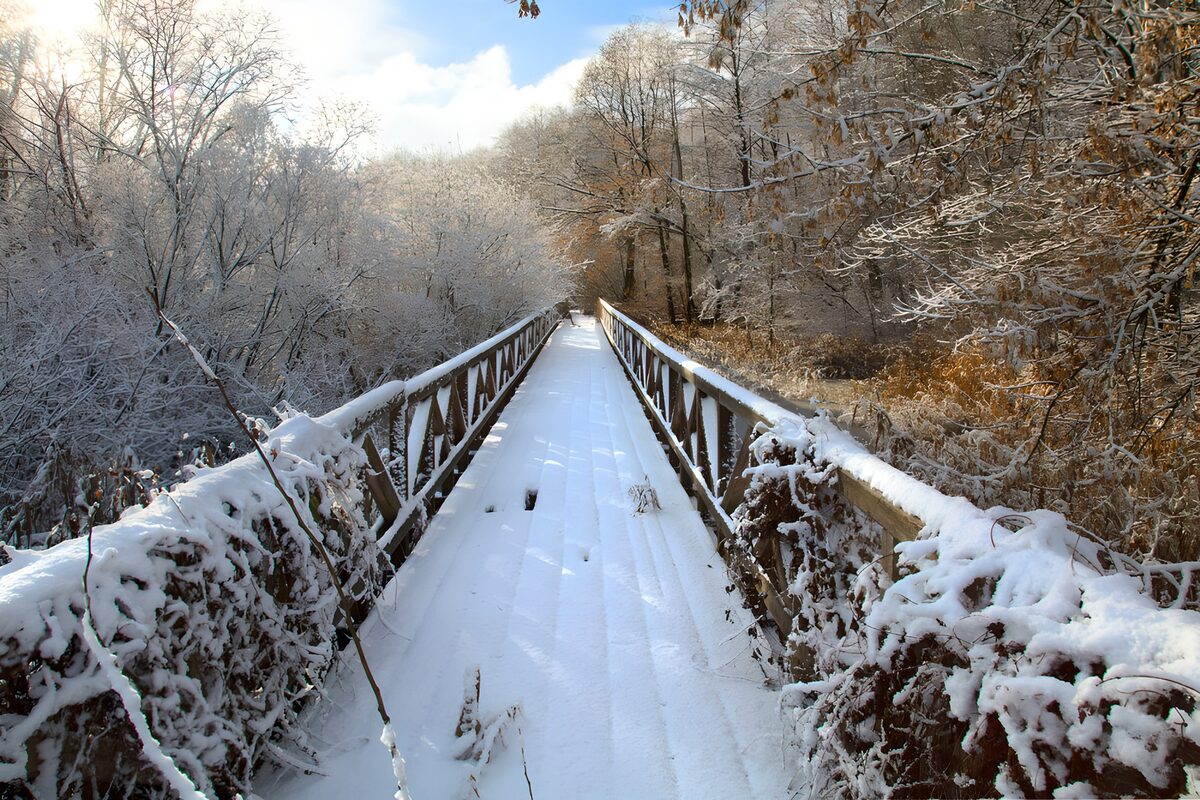 Winterliche Brücke im verschneiten Wald