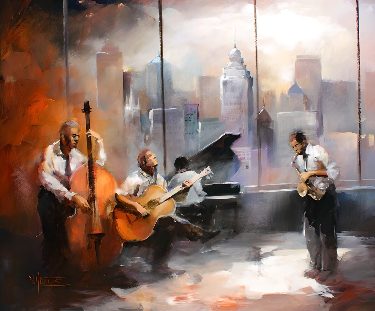 JazzCombo spielt begeistert in einem Club auf der obersten Etage von einem Hochhaus