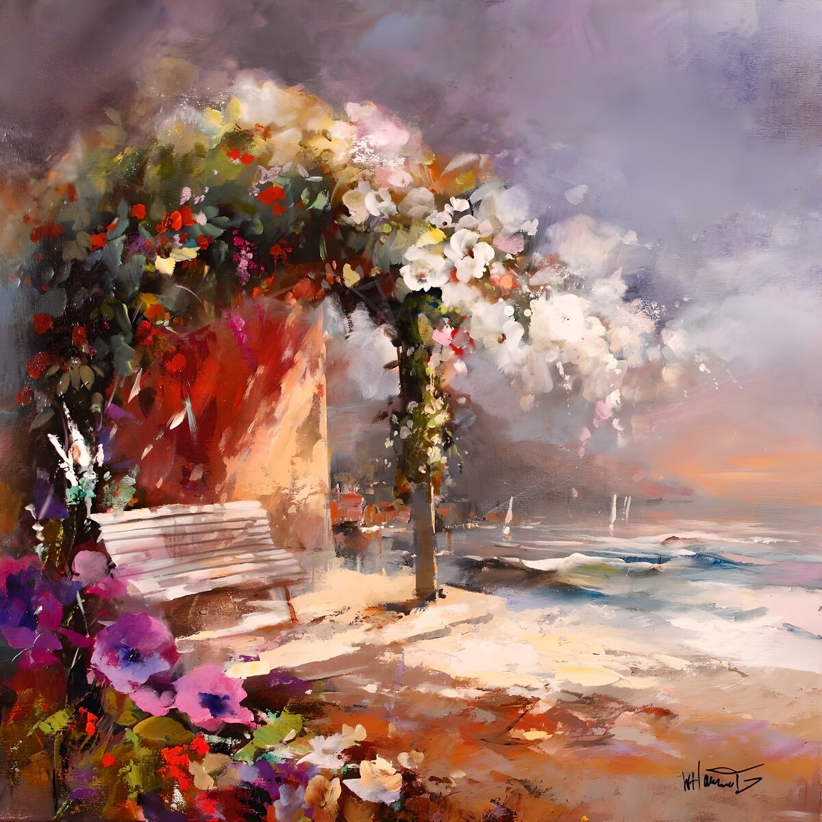 TPDE82224: gemalte Gartenlaube mit Blumen, Stühlen und mit Ausblick auf das Meer Version 2