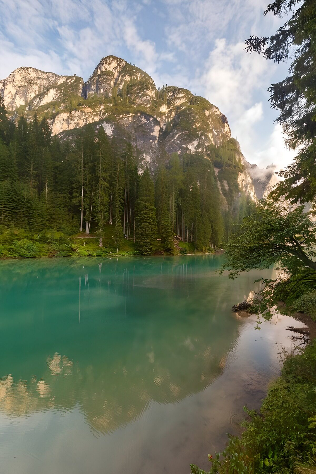 TPDE86493: Bergsee mit grünem Wasser und Bäumen