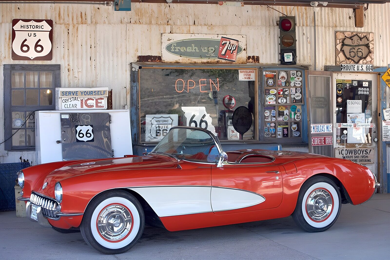TPDE86396: Oldtimer vor einer Tankstelle an der Route 66