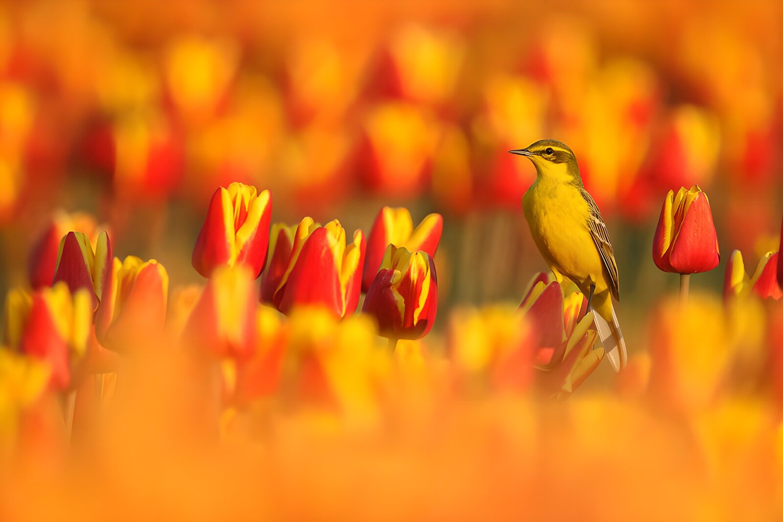 TPDE95487: Gelber Vogel in blühenden Tulpen
