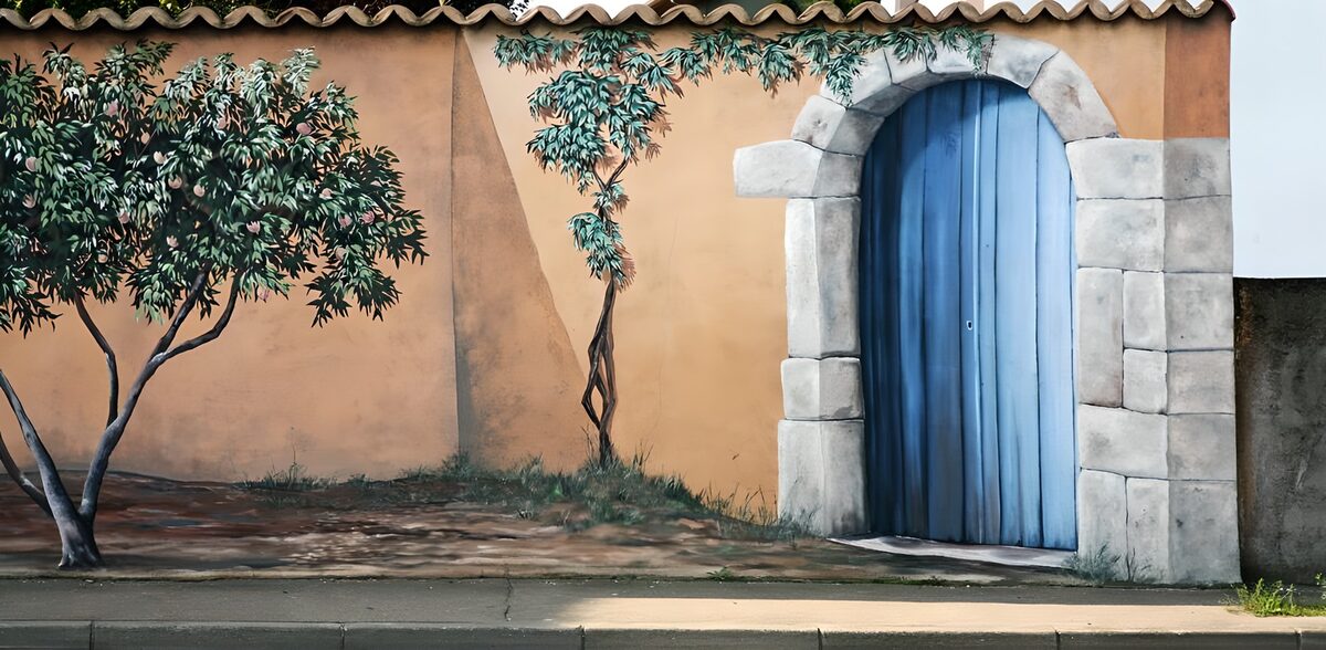 Mauermalerei (trompe d'oeil) in einem französischen Dorf