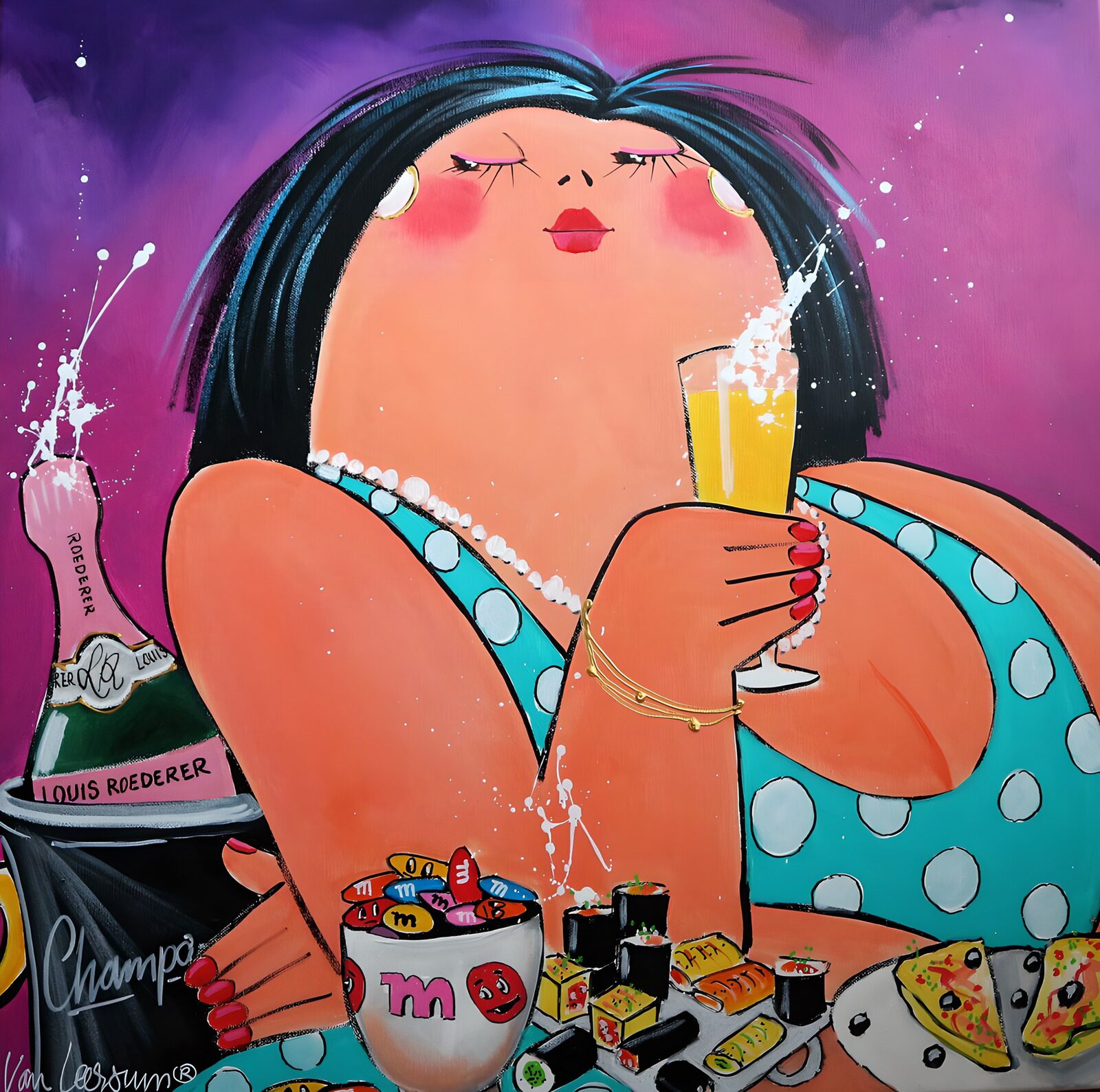 TPDE30003: Feiernde Frau mit Sekt und Snacks