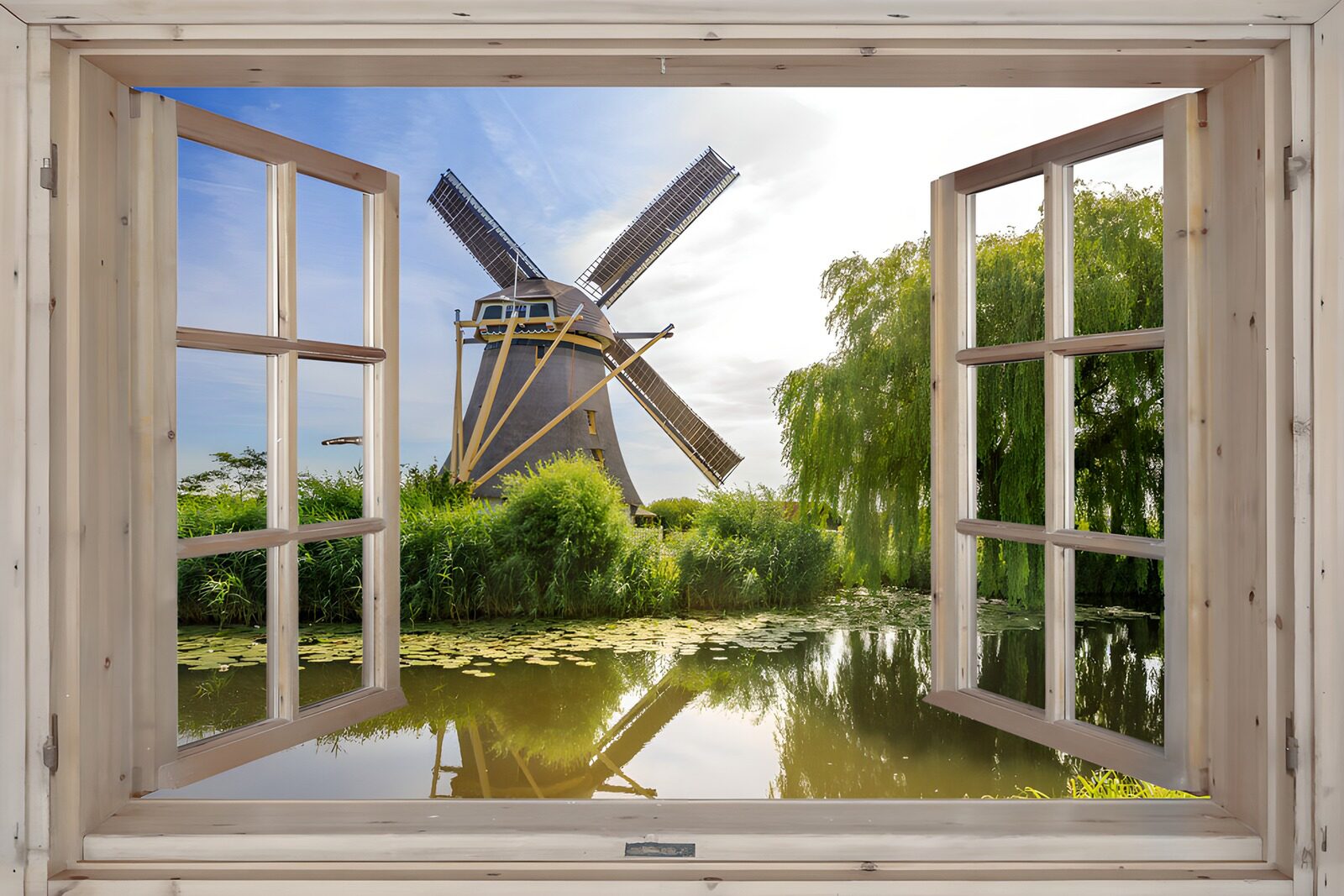 TPDE23432: Blick auf die Windmühle durch das Fenster
