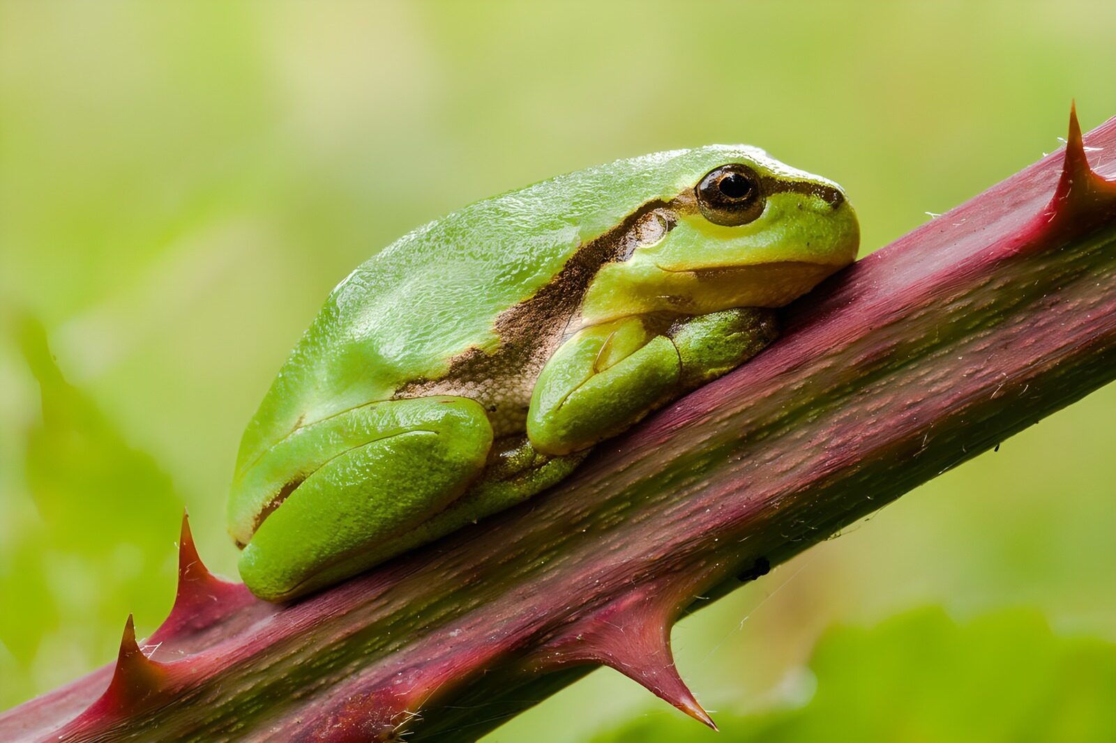 TPDE25147: Grüner Frosch auf einem Dornzweig
