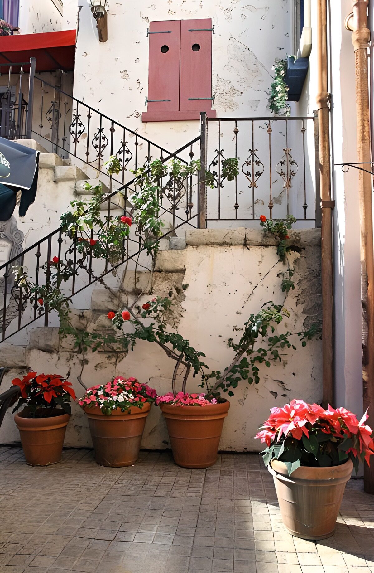 TPDE83712: kleine Wohnsiedlung mit Treppe mit Blumen, geschlossen Fensterläden eines Hauses