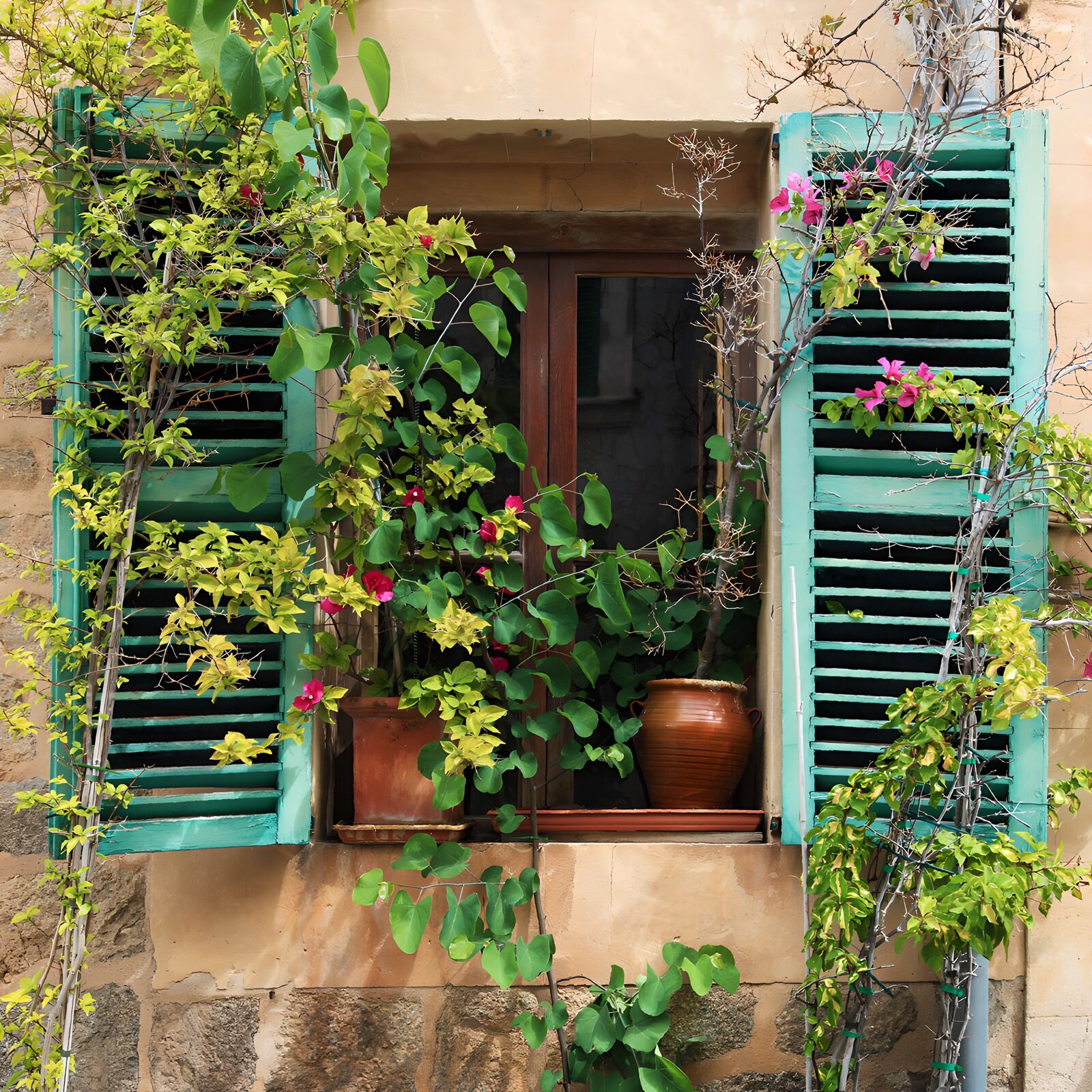 TPDE72526: Fenster mit bunten Pflanzen und Töpfen