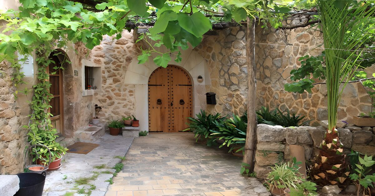 Innenhof  mit Reben am Spalier und alte  Eingangstür