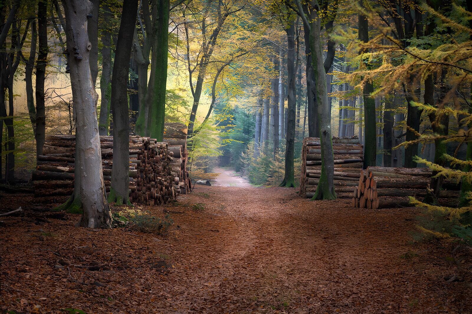 TPDE74035: Herbstlicher Waldweg mit gefällten Bäumen