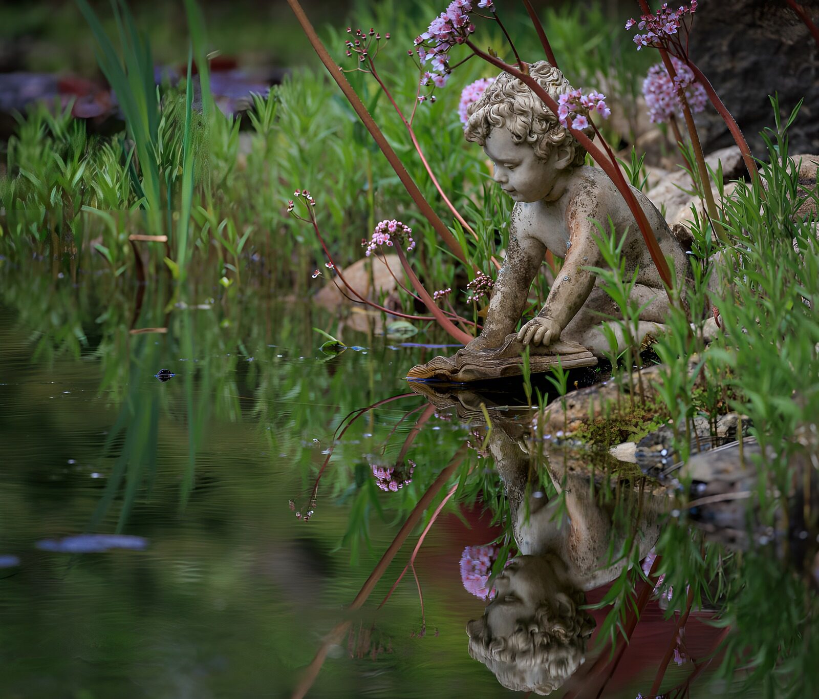 TPDE22335: Kind mit Stein und Spiegelung im Wasser