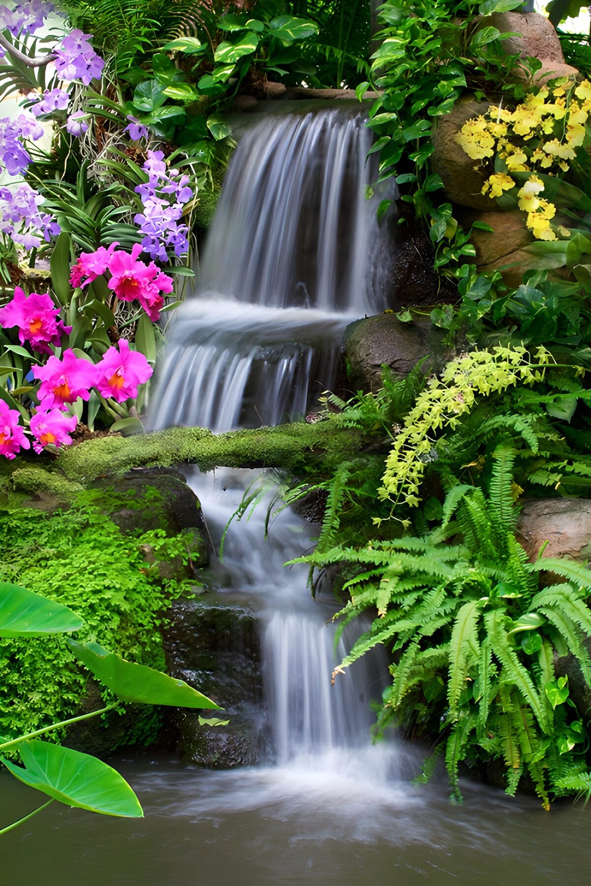 Wasserfall im blühenden Garten