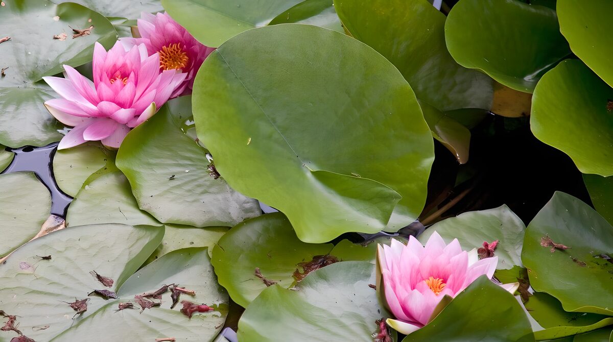 rosa Seerosen auf ihren grünen Blättern