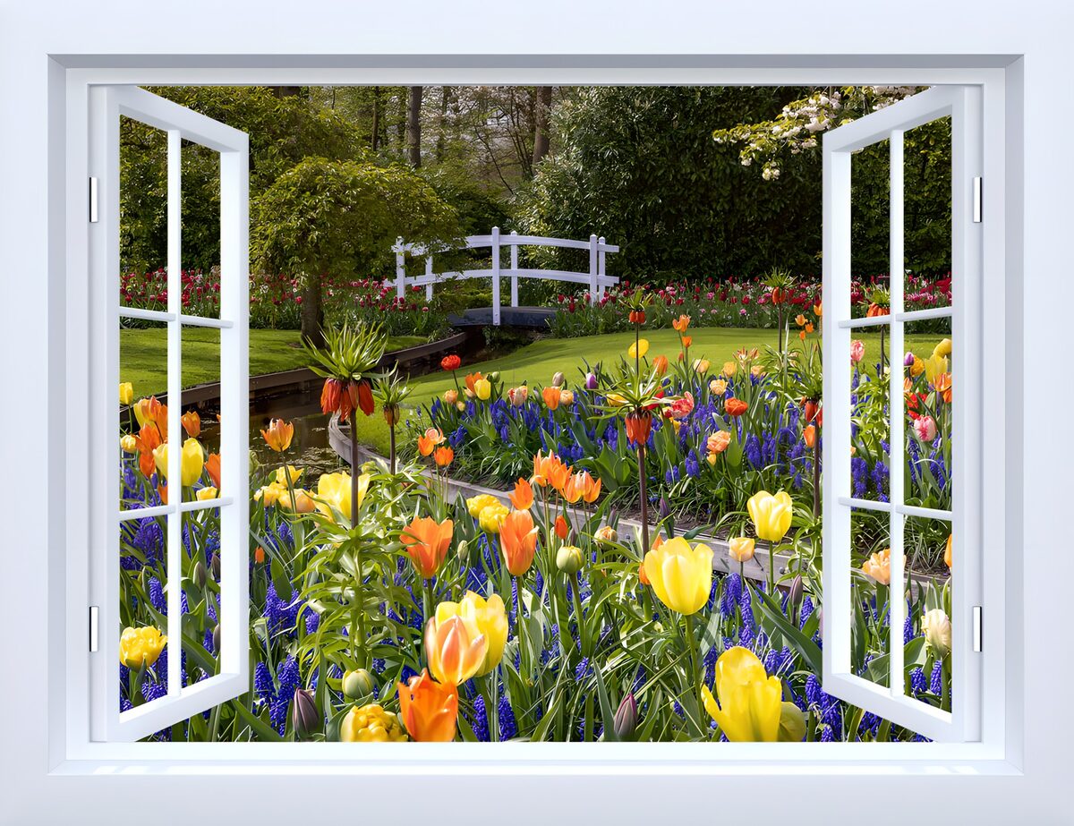 TPDE58981: Bunter Frühlingsgarten durch das Fenster