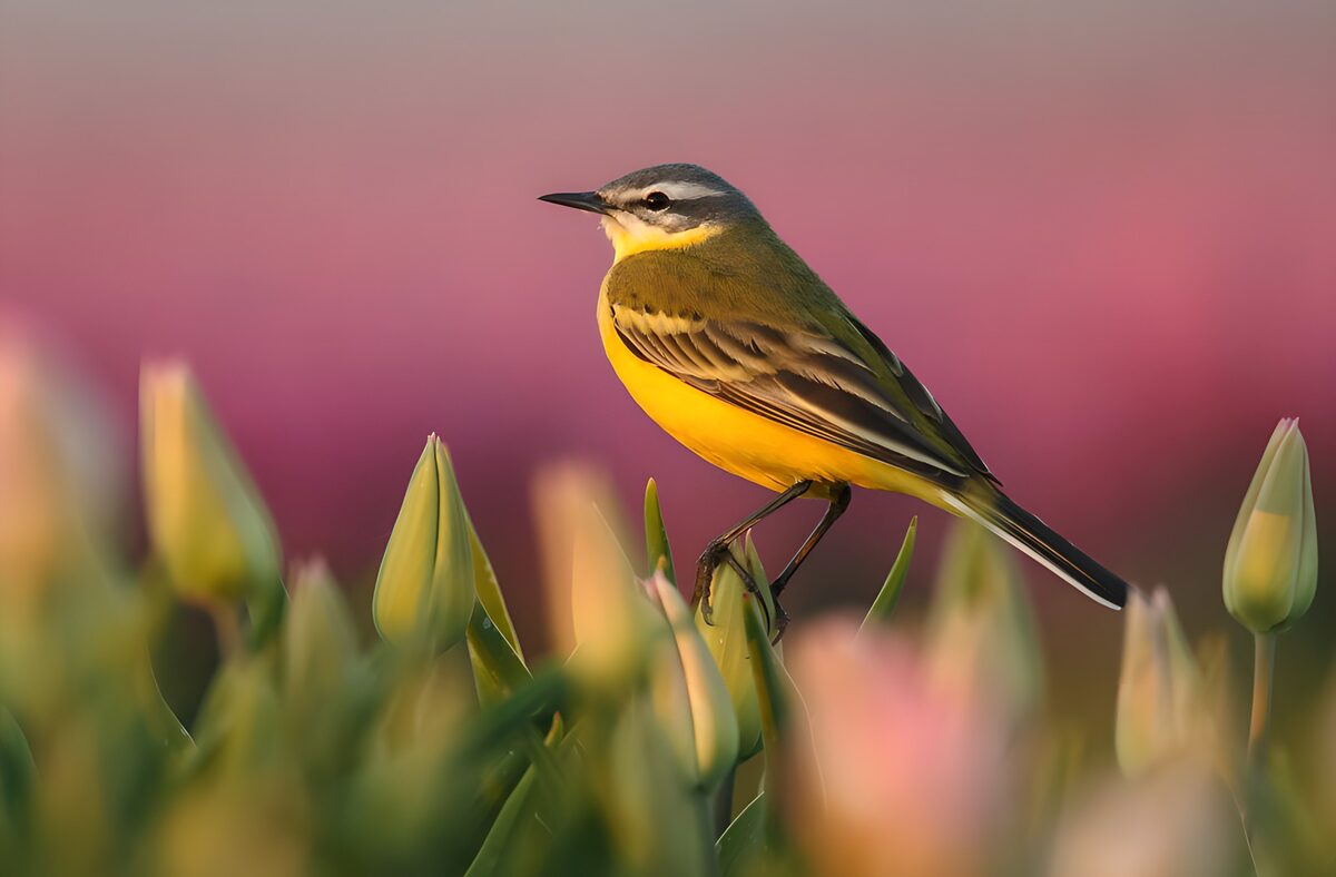 TPDE40036: Elegante Gelblaubsänger im blühenden Garten