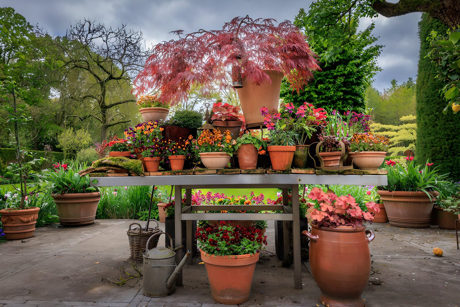 TPDE14929: Blühender Garten mit Töpfen und Pflanzen