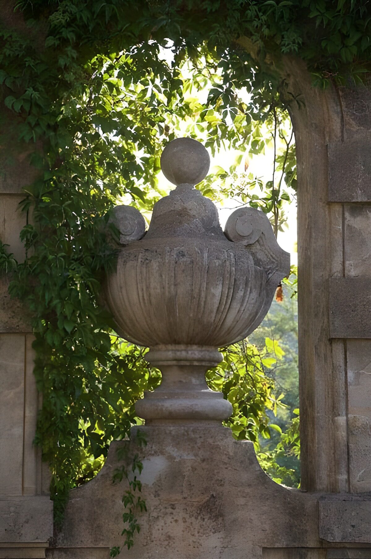 TPDE18322: Antike Vase in einem Bogenfenster mit Efeu