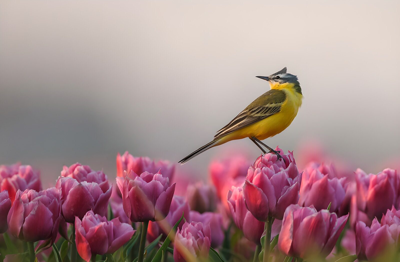 TPDE95619: Gelbe Würger auf blühenden Tulpen