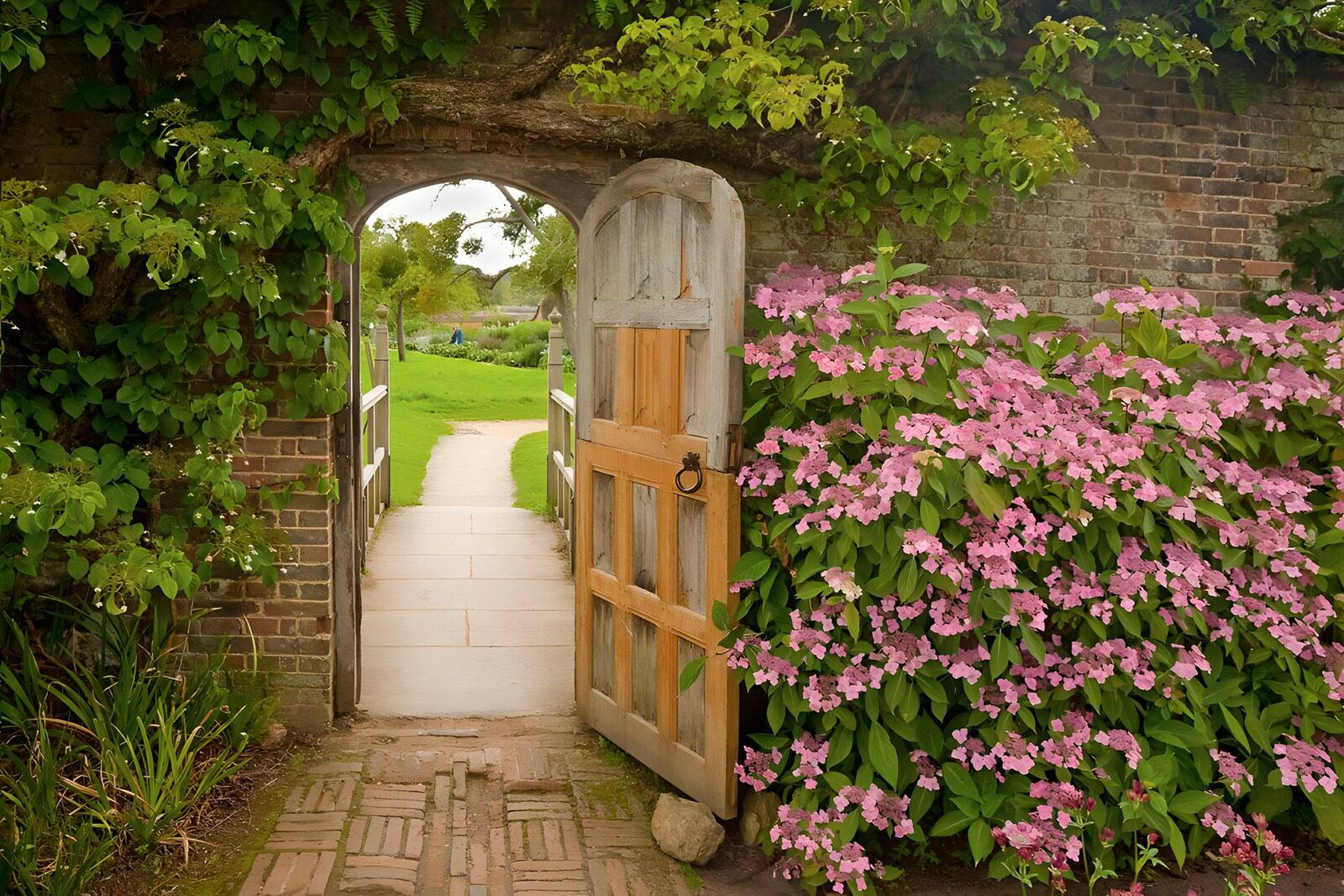 TPDE98081: Mauer mit Blumen und einem Tor zum Garten